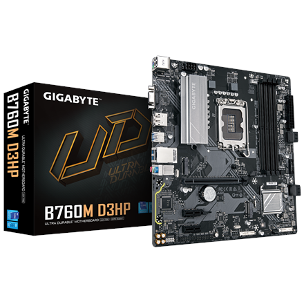 Pilt Gigabyte B760M D3HP | Processor family Intel | Processor socket LGA1700 | DDR5 | Supported hard disk drive interfaces M.2, SATA | Number of SATA connectors 4