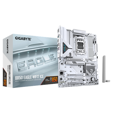 Pilt Gigabyte B850 EAGLE WF7 ICE | Processor family AMD | Processor socket AM5 | DDR5 | Supported hard disk drive interfaces SATA, M.2 | Number of SATA connectors 4