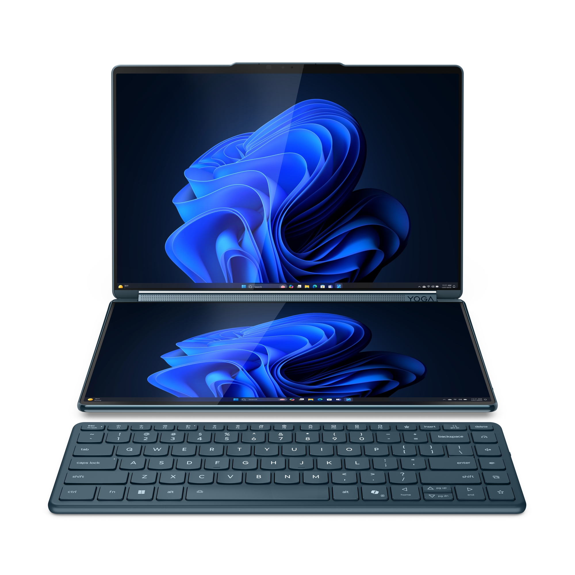 Pilt Lenovo Yoga Book 9 14IAH10 | Tidal Teal | 2x14 " | OLED | Touchscreen | 2.8K WQXGA+ | 2880 x 1800 pixels | Glossy | Intel Core Ultra 7 | 255H | 32 GB | Soldered LPDDR5x | Solid-state drive capacity 1000 GB | Intel Arc Graphics | Windows 11 Pro | 802.11be | Bluetooth version 5.4 | Keyboard language Nordic | Keyboard backlit | Warranty 24 month(s) | Battery warranty 12 month(s)
