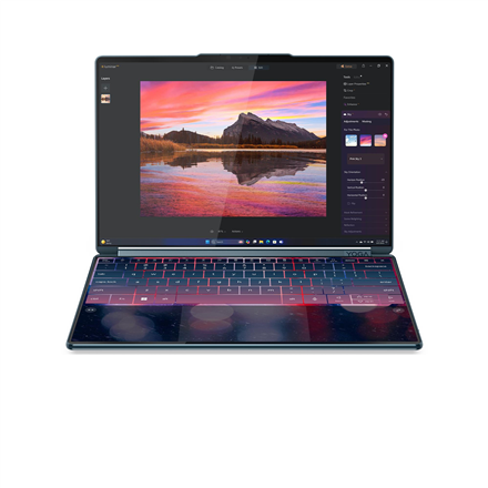 Pilt Lenovo Yoga Book 9 14IAH10 | Tidal Teal | 2x14 " | OLED | Touchscreen | 2.8K WQXGA+ | 2880 x 1800 pixels | Intel Core Ultra 7 | 255H | 32 GB | Soldered LPDDR5x | Solid-state drive capacity 1000 GB | Intel Arc 140T GPU | Windows 11 Pro | 802.11be | Bluetooth version 5.4 | Keyboard language English | Keyboard backlit | Warranty 24 month(s) | Battery warranty 12 month(s)