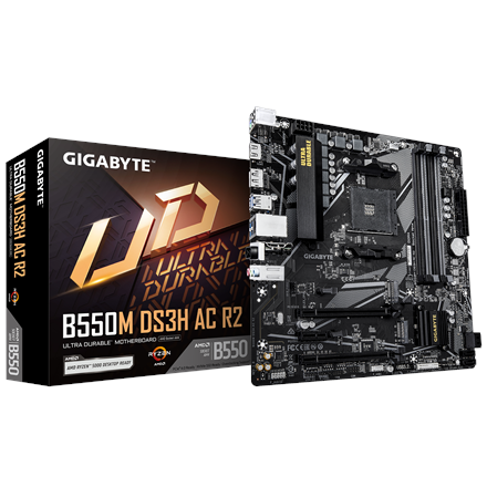 Pilt Gigabyte B550M DS3H AC R2 | Processor family AMD | Processor socket AM4 | DDR4 DIMM | Supported hard disk drive interfaces SATA, M.2 | Number of SATA connectors 4