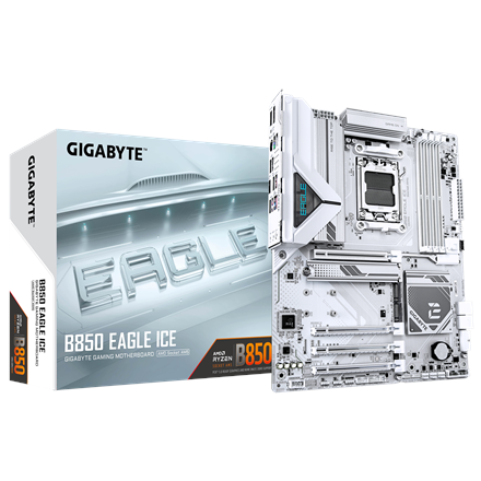 Pilt Gigabyte B850 EAGLE ICE | Processor family AMD | Processor socket AM5 | DDR5 | Supported hard disk drive interfaces SATA, M.2 | Number of SATA connectors 4