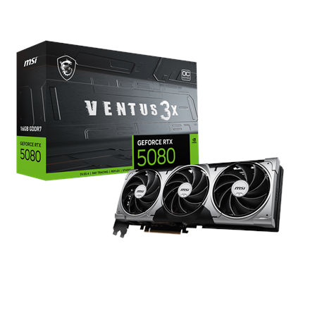Pilt MSI GeForce RTX 5080 16G VENTUS 3X OC | NVIDIA | 16 GB | GeForce RTX 5080 | HDMI ports quantity 1 | PCI Express Gen 5 | Memory clock speed 2655 MHz