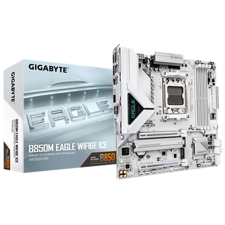Pilt Gigabyte B850M EAGLE WF6E ICE | Processor family AMD | Processor socket AM5 | DDR5 | Supported hard disk drive interfaces SATA, M.2 | Number of SATA connectors 4
