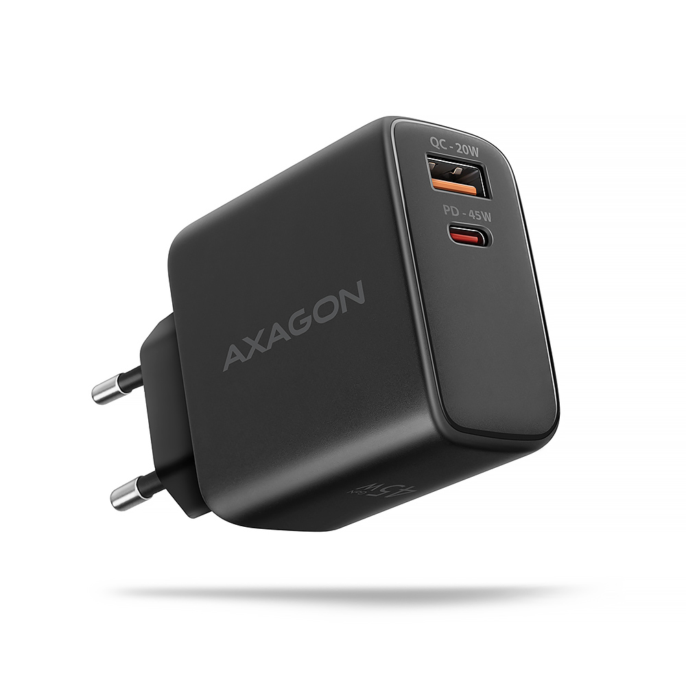 Pilt AXAGON GaN wallcharger 2x port (USB-A + USB-C), PD3.0/PPS/QC4+/SFC2.0/AFC/SCP/FCP/Apple, 45W | ACU-PQ45
