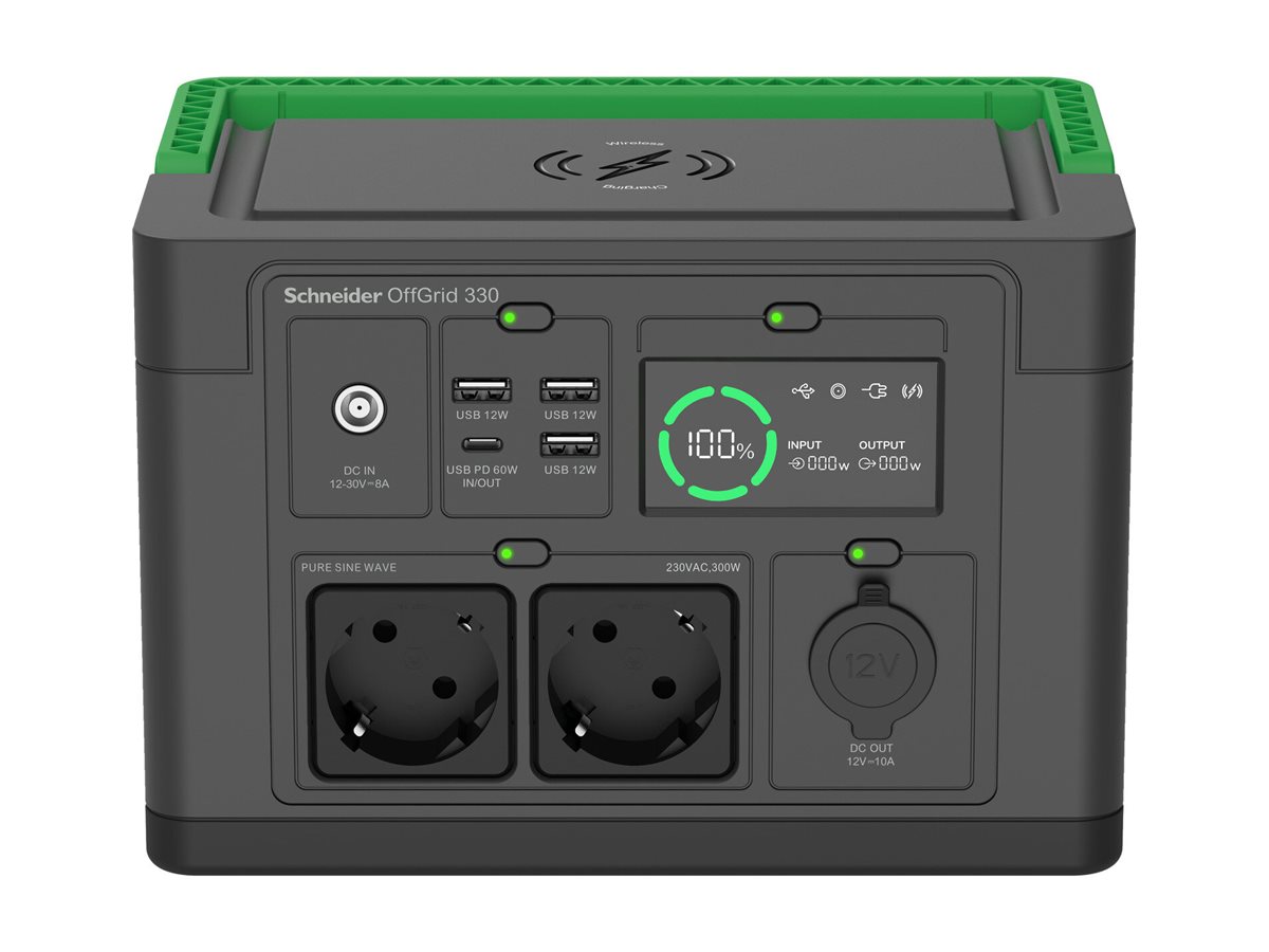 Pilt APC OffGrid Portable Power Station 330, 230V, 332Wh Lithium-ion, LCD, 2 CEE 7/3 Schuko outlets, Sinewave, 3 USB-A, 1 USB-C, Wireless Charger | Schneider Electric