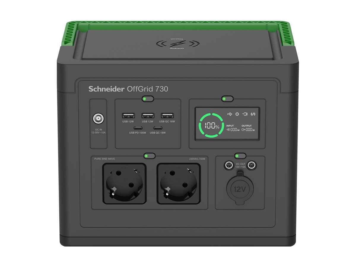 Pilt APC OffGrid Portable Power Station 730, 738Wh Lithium-ion, LCD, 2 CEE 7/3 Schuko outlets, Sinewave, 3 USB-A, 2 USB-C, Wireless Charger | Schneider Electric