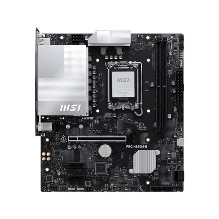 Pilt MSI PRO H810M-B | Processor family Intel H810 | Processor socket LGA1851 | DDR5 | Supported hard disk drive interfaces SATA, M.2 | Number of SATA connectors 4
