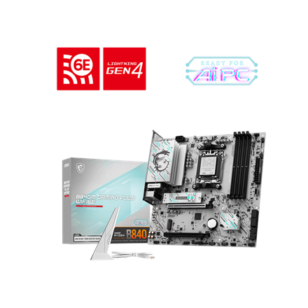 Pilt MSI B840M GAMING PLUS WIFI6E | Processor family AMD | Processor socket AM5 | DDR5 | Supported hard disk drive interfaces SATA, M.2 | Number of SATA connectors 4