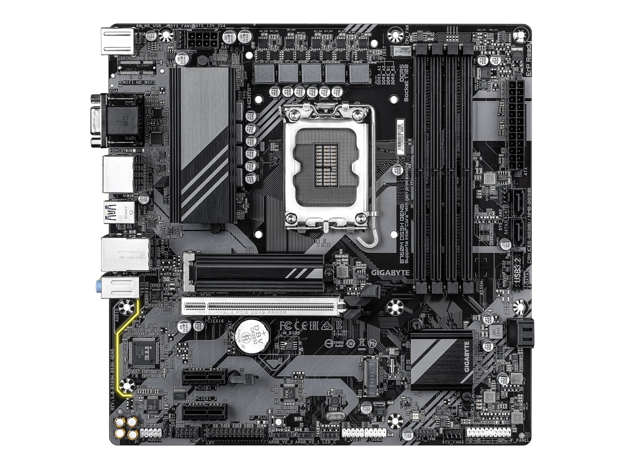 Pilt Gigabyte B760M DS3H GEN5 | Processor family Intel | Processor socket LGA1700 | Supported hard disk drive interfaces SATA, M.2 | Number of SATA connectors 4