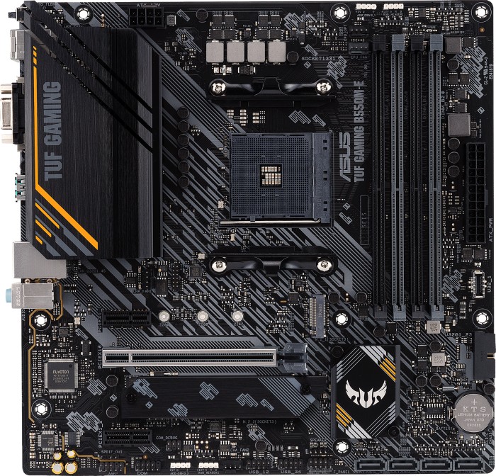 Pilt Asus | TUF GAMING B550M-E | Processor family AMD | Processor socket AM4 | DDR4 DIMM | Memory slots 4 | Supported hard disk drive interfaces 	SATA, M.2 | Number of SATA connectors 4 | Chipset AMD B550 | Micro ATX