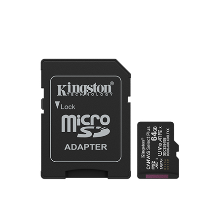 Pilt Kingston Canvas Select Plus | 64 GB | microSD | Flash memory class Class 10, UHS-I, U1/U3, video class 10/30, A1