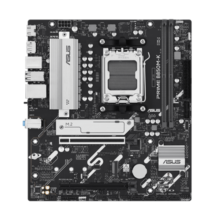 Pilt Asus PRIME B850M-K | Processor family AMD | Processor socket AM5 | DDR5 | Supported hard disk drive interfaces SATA, M.2 | Number of SATA connectors 4