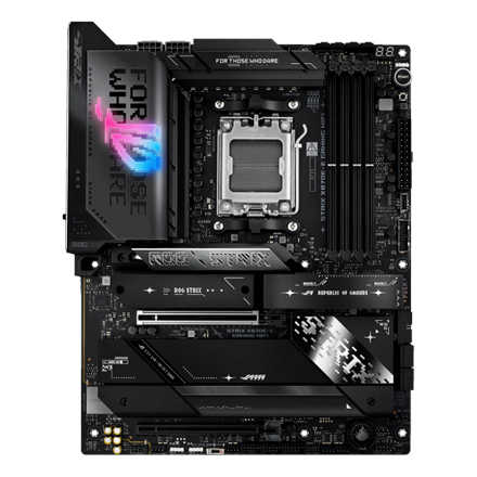 Pilt Asus ROG STRIX X870E-E GAMING WIFI | Processor family AMD | Processor socket AM5 | DDR5 | Supported hard disk drive interfaces SATA, M.2 | Number of SATA connectors 4