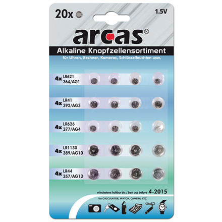 Pilt Arcas | AG Set 4xAG1, 4xAG3, 4xAG4, 4xAG10, 4xAG13 | Alkaline Buttoncell | 20 pc(s)