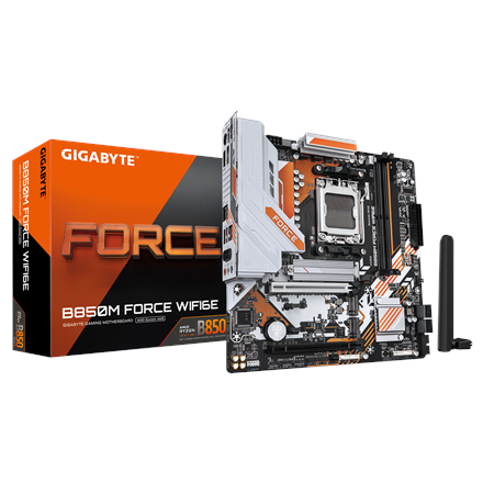 Pilt Gigabyte B850M FORCE WIFI6E (rev. 1.0) | Processor family AMD | Processor socket AM5 | DDR5 | Supported hard disk drive interfaces SATA, M.2 | Number of SATA connectors 4