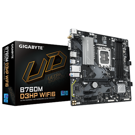 Pilt Gigabyte B760M D3HP WIFI6 | Processor family Intel | Processor socket LGA1700 | DDR5 | Supported hard disk drive interfaces M.2, SATA | Number of SATA connectors 4