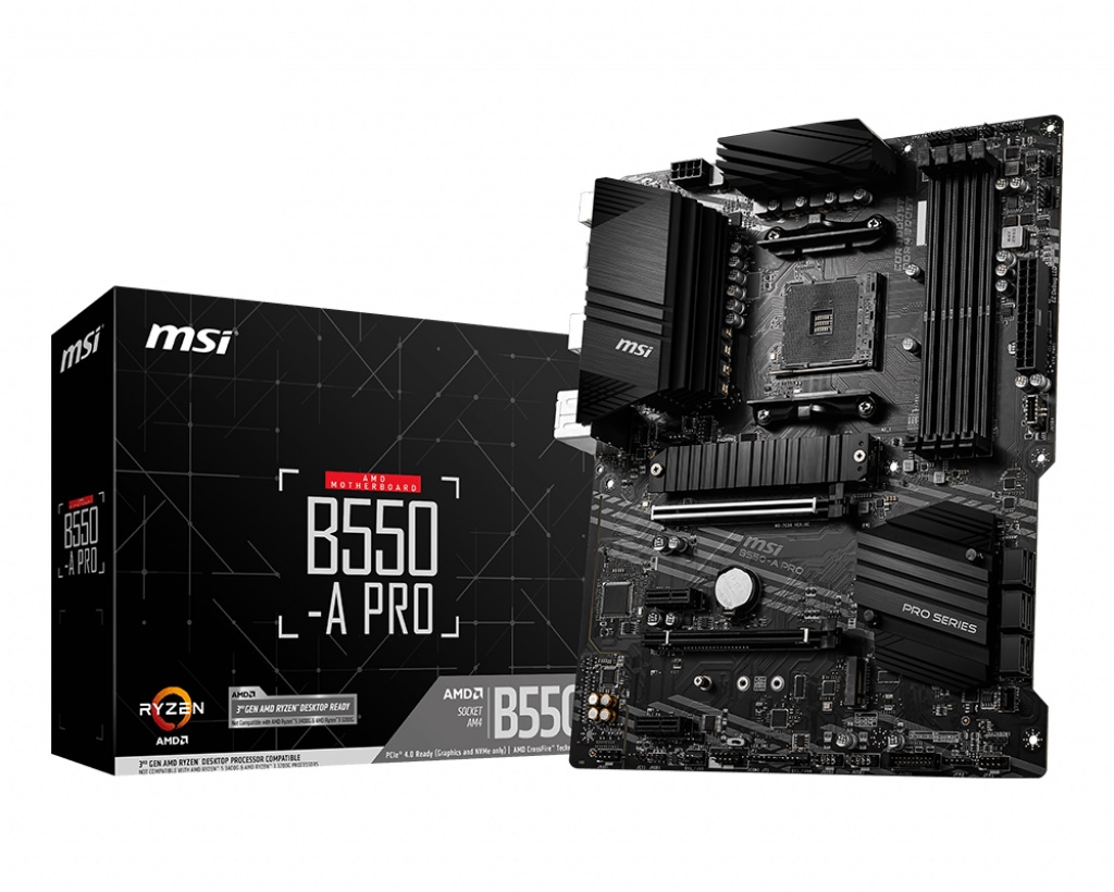 Pilt MSI | B550-A PRO | Processor family AMD | Processor socket AM4 | DDR4 DIMM | Memory slots 4 | Supported hard disk drive interfaces SATA, M.2 | Number of SATA connectors 6 | Chipset AMD B550 | ATX