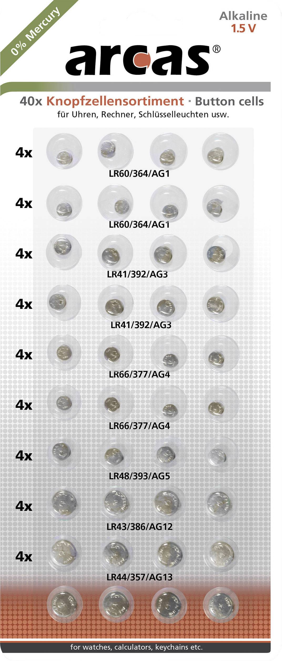 Pilt Arcas | AG Set (8xAG1, 8xAG3, 8xAG4,  8xAG13, 4xAG5, 4xAG12) | Alkaline Button Cell | 40 pc(s)