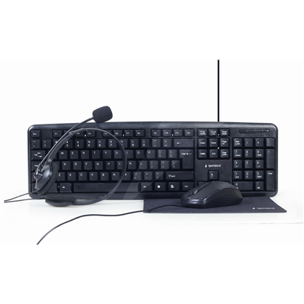 Pilt Gembird | 4-in-1 Multimedia office set | KBS-UO4-01 | Keyboard, Mouse, Pad and Headset Set | Wired | Mouse included | US | Black | 630 g