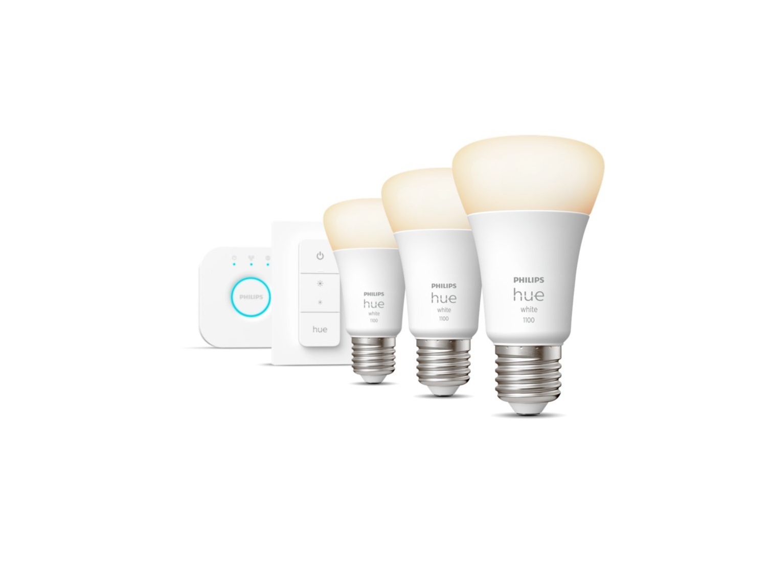 Pilt Philips HueHue W Starter Kit 9,5W A60 E27, 3pcs, Bridge, SwitchE279.5 WWarm White 2700KBluetooth and Zigbee