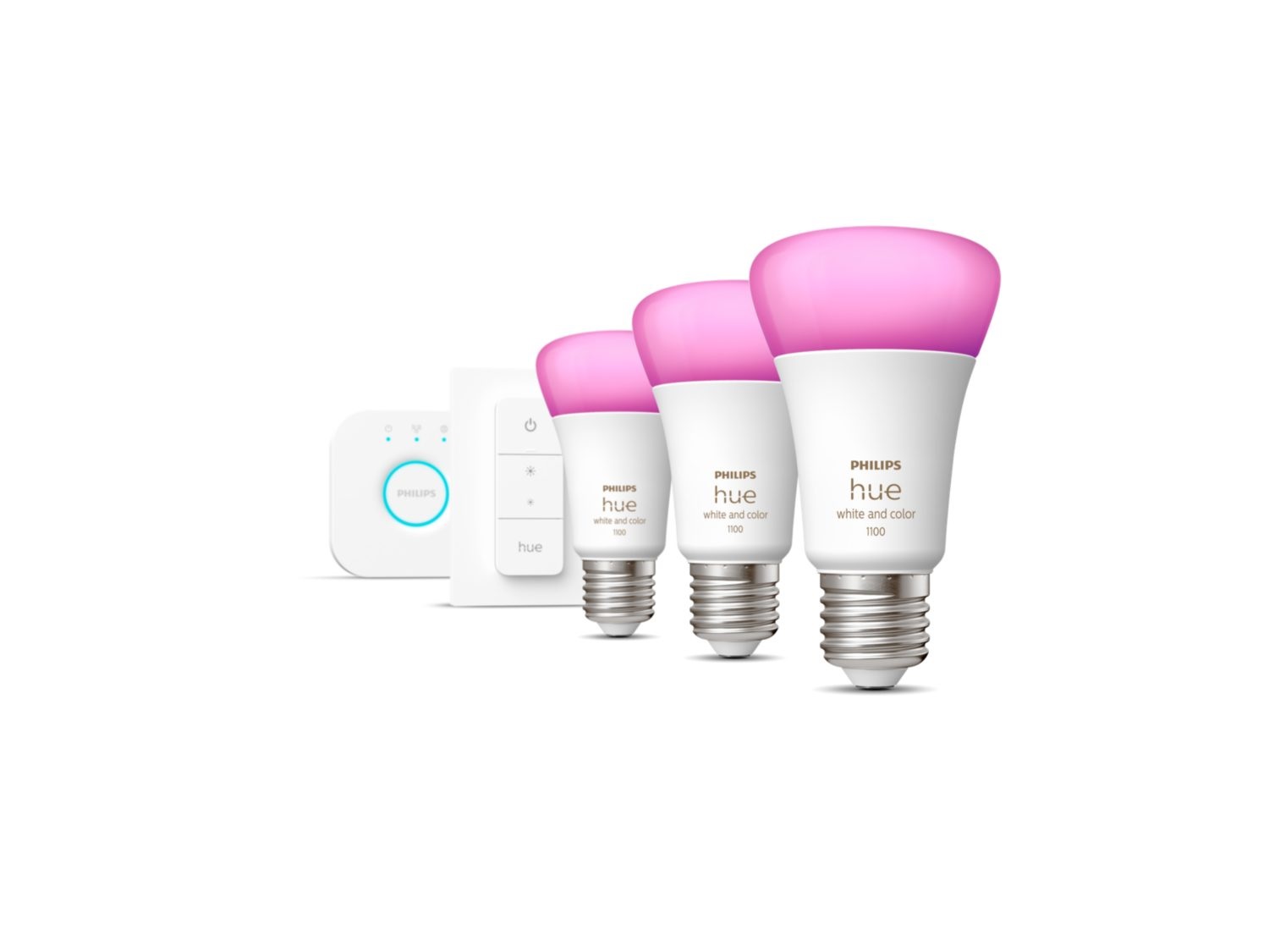 Pilt Philips Hue WCA Starter Kit 9W A60 E27 3pcs, Bridge, SwitchPhilips HueHue WCA Starter Kit 9W A60 E27, 3pcs, Bridge, SwitchE279 WRGBW 2000-6500KBluetooth and Zigbee