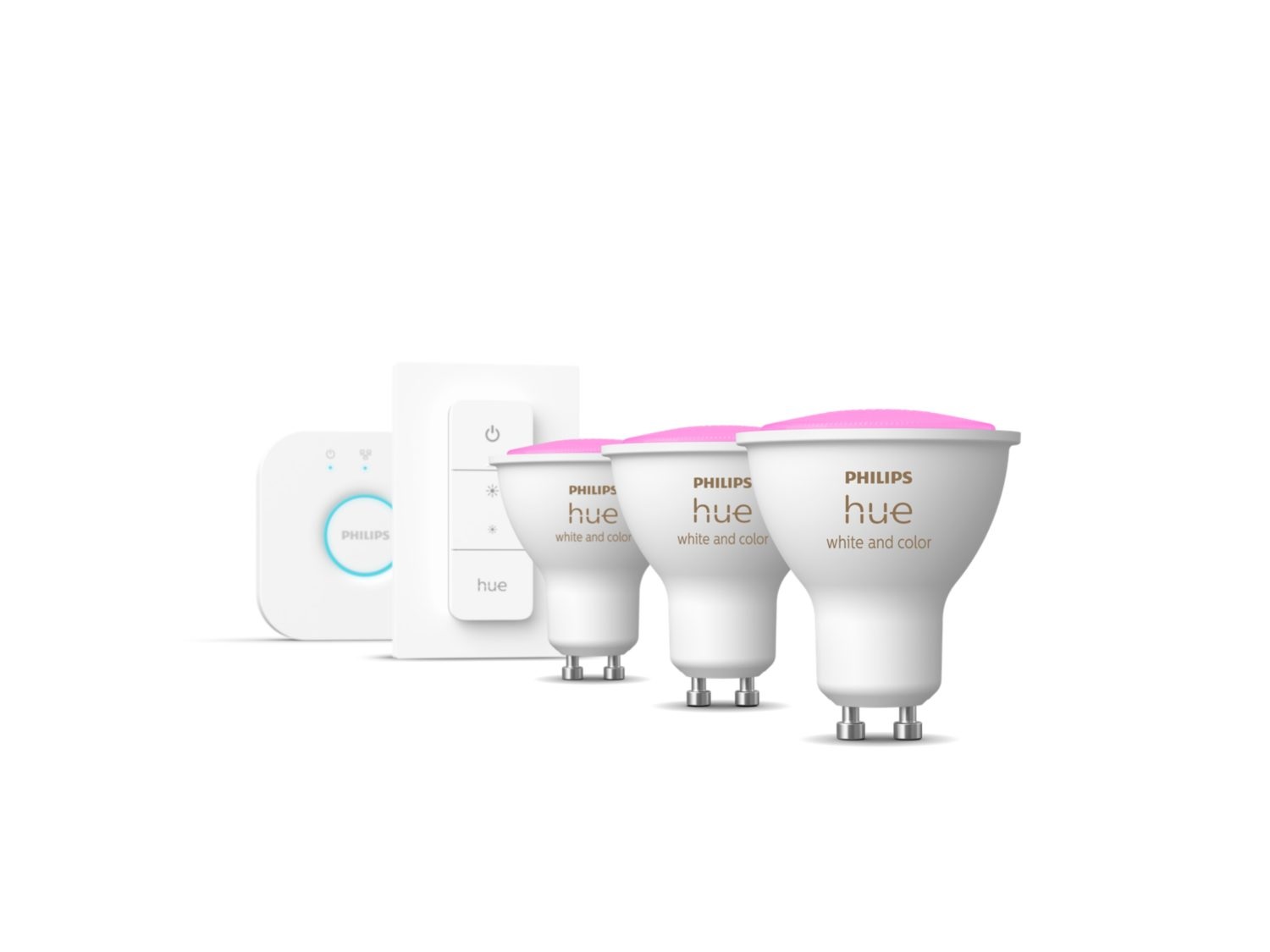 Pilt Philips Hue WCA Starter Kit 4,3W GU10 3pcs, Bridge, Switch | Philips Hue | Hue WCA Starter Kit 4,3W GU10 3pcs, Bridge, Switch | GU10 | 4.3 W | RGBW 2000-6500K | Bluetooth and Zigbee