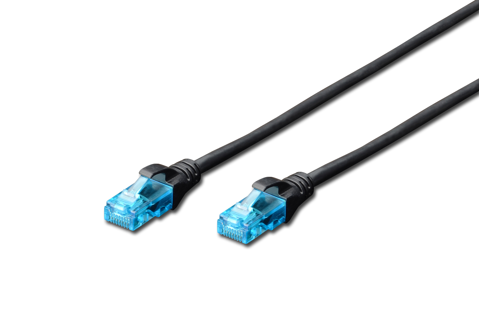 Pilt Digitus | Patch cord | CAT 5e U-UTP | PVC AWG 26/7 | 1 m | Black | Modular RJ45 (8/8) plug | Boots with kink protection, strain relief and latch protection