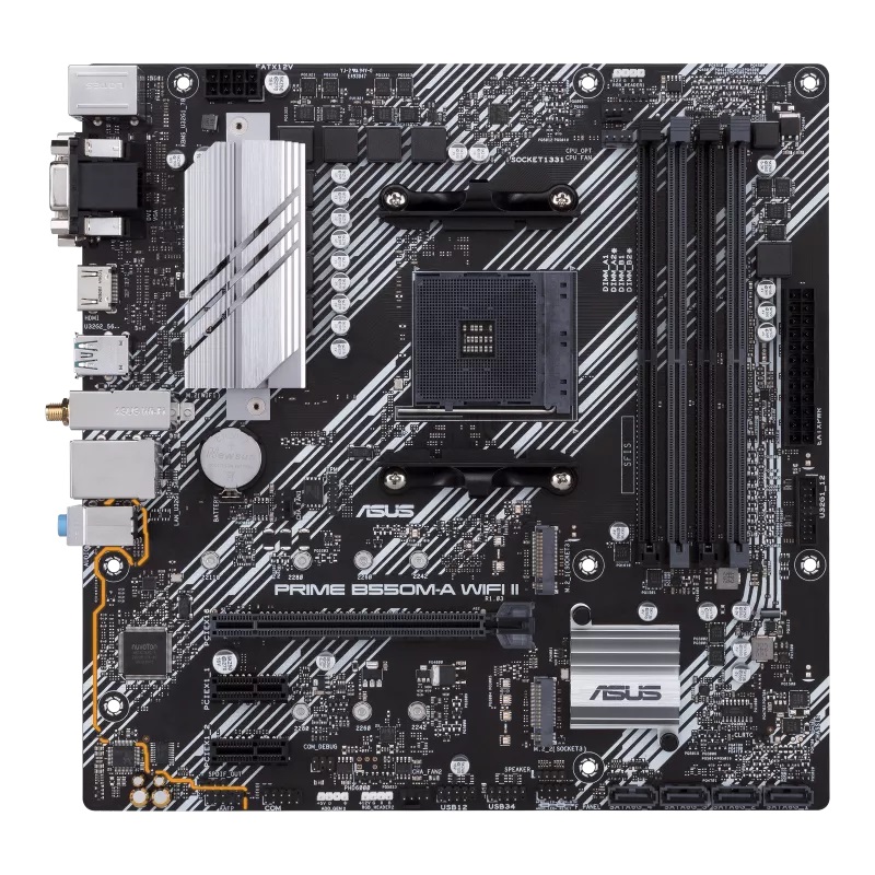 Pilt Asus | PRIME B550M-A WIFI II | Processor family AMD | Processor socket AM4 | DDR4 DIMM | Memory slots 4 | Supported hard disk drive interfaces 	SATA, M.2 | Number of SATA connectors 4 | Chipset AMD B550 | microATX