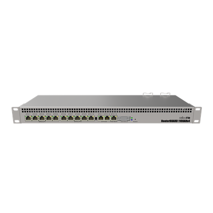 Pilt Mikrotik Wired Ethernet Router RB1100x4, 1U Rackmount, Quad core 1.4GHz CPU, 1 GB RAM, 128 MB, 13xGigabit LAN, 1xSerial console port RS232, PCB Temperature and Voltage Monitor, IP20, RouterOS L6 | Wired Ethernet Router | RB1100AHx4 | No Wi-Fi | 10/100/1000 Mbit/s | Ethernet LAN (RJ-45) ports 13 | Mesh Support No | MU-MiMO No | No mobile broadband | 12 month(s)