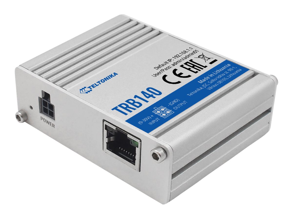 Pilt LTE Router | TRB140 | No Wi-Fi | 10/100/1000 Mbit/s | Ethernet LAN (RJ-45) ports 1 | Mesh Support No | MU-MiMO No | 2G/3G/4G | Antenna type 1 x SMA for LTE | 1 x Virtual network interface via micro USB | 24 month(s)