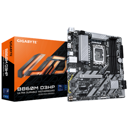 Pilt Gigabyte B860M D3HP | Processor family Intel | Processor socket LGA1851 | DDR5 | Supported hard disk drive interfaces M.2, SATA | Number of SATA connectors 4