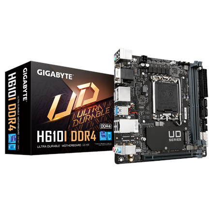 Pilt Gigabyte | H610I DDR4 1.0 M/B | Processor family Intel | Processor socket  LGA1700 | DDR4 DIMM | Memory slots 2 | Supported hard disk drive interfaces 	SATA, M.2 | Number of SATA connectors 4 | Chipset Intel H610 Express | Mini-ITX