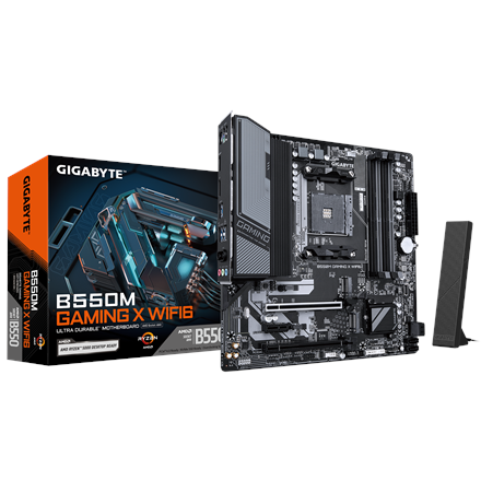 Pilt Gigabyte B550M GAMING X WIFI6 | Processor family AMD | Processor socket AM4 | DDR4 DIMM | Supported hard disk drive interfaces SATA, M.2 | Number of SATA connectors 4