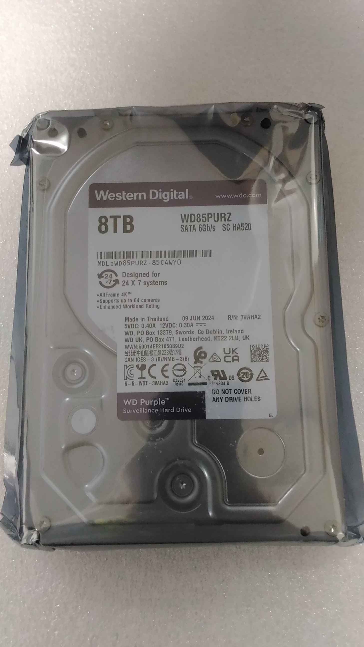 Pilt SALE OUT. Western Digital Purple Surveillance Hard Drive 8TB 256MB SATA | Western Digital Surveillance Hard Drive | Purple Surveillance WD85PURZ | 5640 RPM | 8000 GB | REFURBISHED
