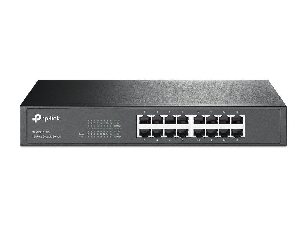 Pilt TP-LINK | Switch | TL-SG1016D | Unmanaged | Desktop/Rackmountable | 10/100 Mbps (RJ-45) ports quantity | 1 Gbps (RJ-45) ports quantity | SFP ports quantity | PoE ports quantity | PoE+ ports quantity | Power supply type External | month(s)