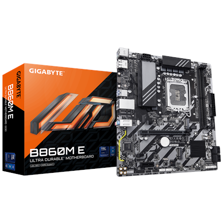 Pilt Gigabyte B860M E | Processor family Intel | Processor socket LGA1851 | DDR5 | Supported hard disk drive interfaces SATA, M.2 | Number of SATA connectors 4