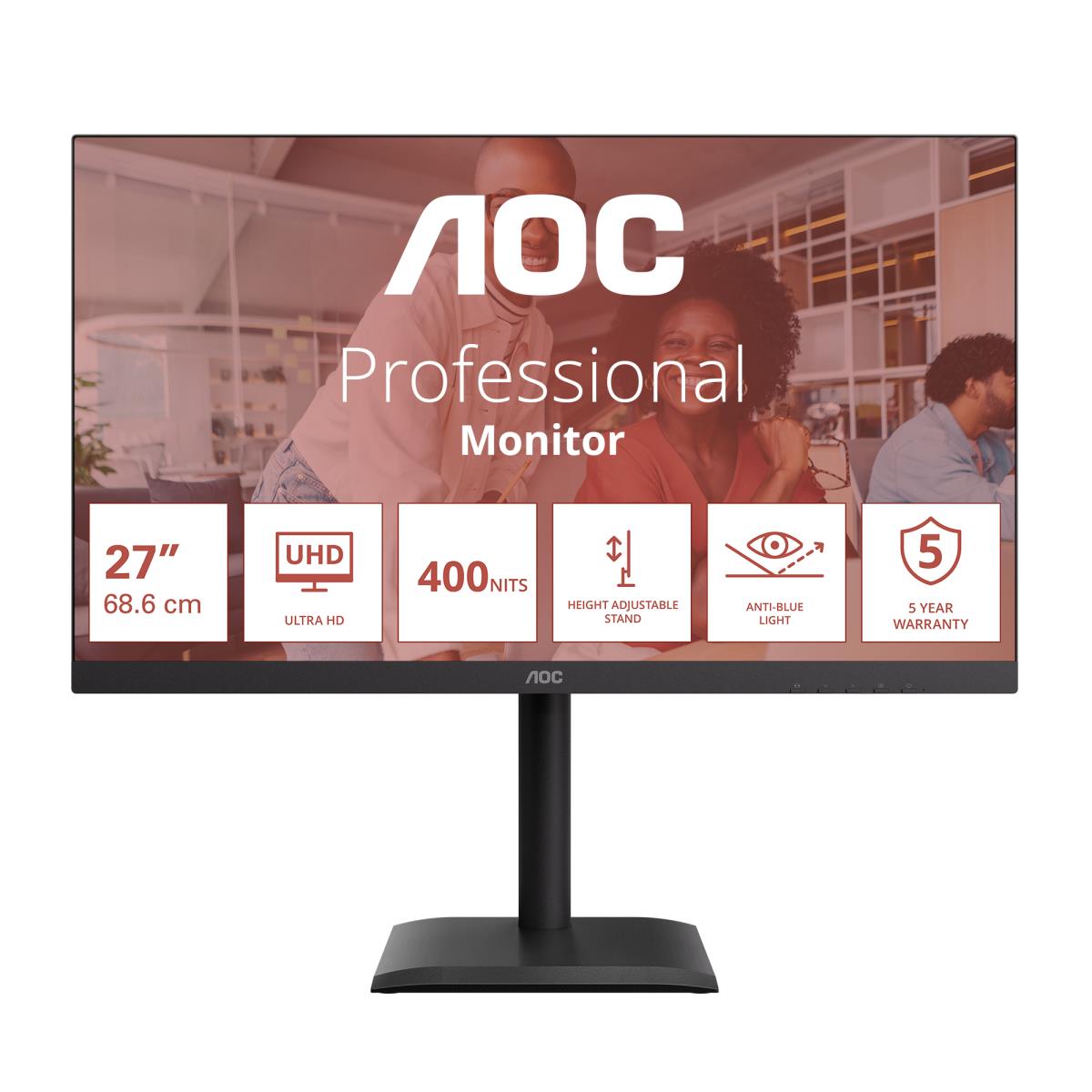 Pilt AOC U27E4CV | 27 " | IPS | UHD | 16:9 | 60 Hz | 4 ms | 3840 x 2160 pixels | 400 cd/m² | HDMI ports quantity 2 | Black