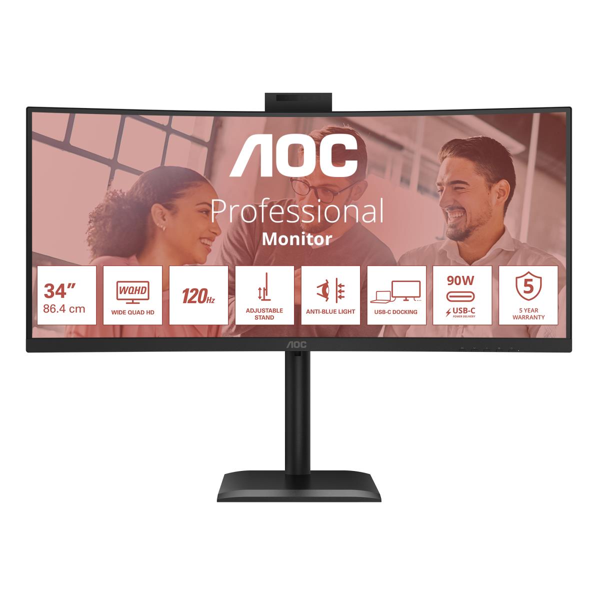 Pilt AOC CU34E4CW | 34 " | VA | UWQHD | 120 Hz | 4 ms | 3440 x 1440 pixels | 350 cd/m² | HDMI ports quantity 2 | Black