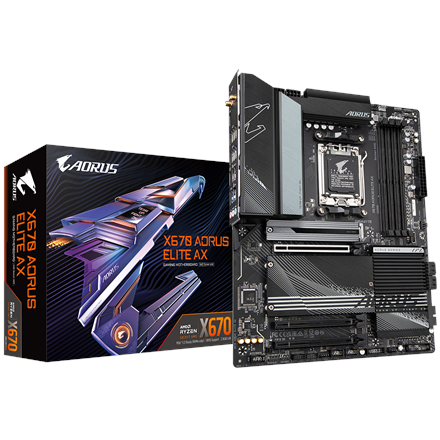 Pilt Gigabyte | X670 AORUS ELITE AX 1.0A M/B | Processor family AMD | Processor socket AM5 | DDR5 DIMM | Memory slots 4 | Supported hard disk drive interfaces 	SATA, M.2 | Number of SATA connectors 4 | Chipset AMD X670 | ATX