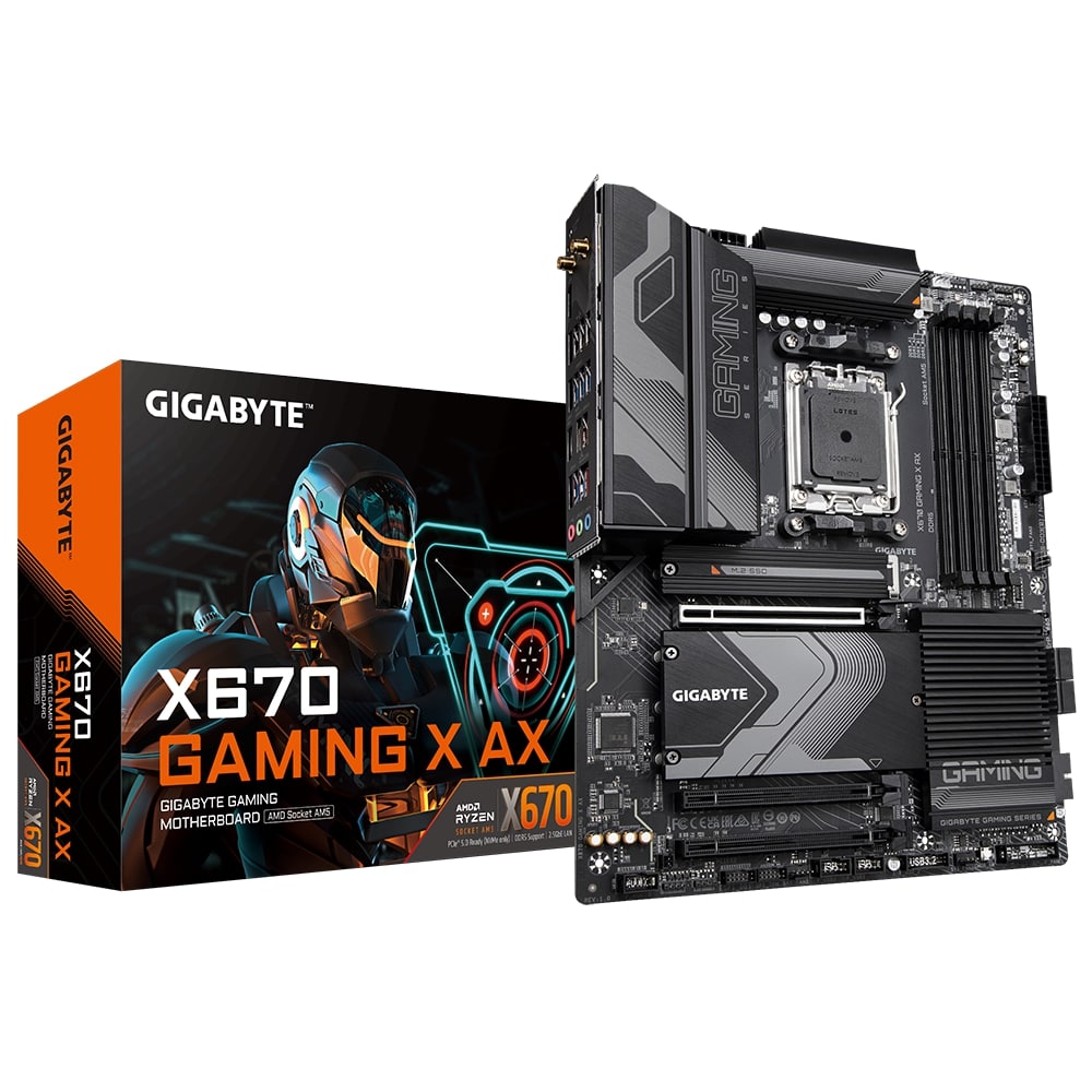 Pilt Gigabyte | X670 GAMING X AX 1.0 M/B | Processor family AMD | Processor socket AM5 | DDR5 DIMM | Memory slots 4 | Supported hard disk drive interfaces 	SATA, M.2 | Number of SATA connectors 4 | Chipset AMD X670 | ATX