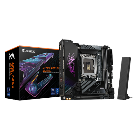 Pilt Gigabyte Z890I AORUS ULTRA | Processor family Intel | Processor socket LGA1851 | DDR5 | Supported hard disk drive interfaces M.2, SATA | Number of SATA connectors 2