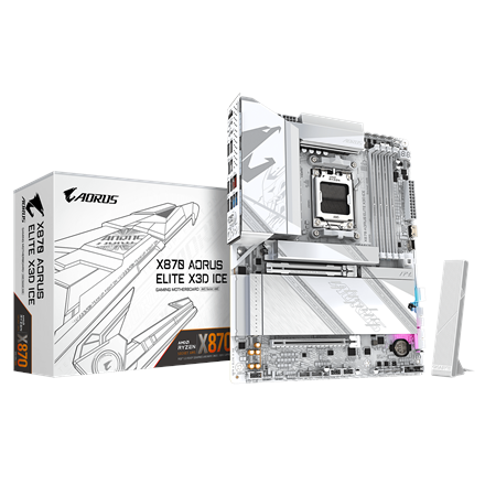 Pilt Gigabyte X870 AORUS ELITE X3D ICE | Processor family AMD | Processor socket AM5 | DDR5 | Supported hard disk drive interfaces SATA, M.2 | Number of SATA connectors 4