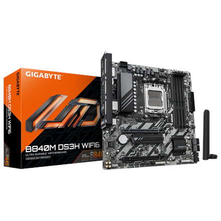 Pilt Gigabyte B840M DS3H WIFI6 (rev. 1.1) | Processor family AMD | Processor socket AM5 | DDR5 | Supported hard disk drive interfaces SATA, M.2 | Number of SATA connectors 4