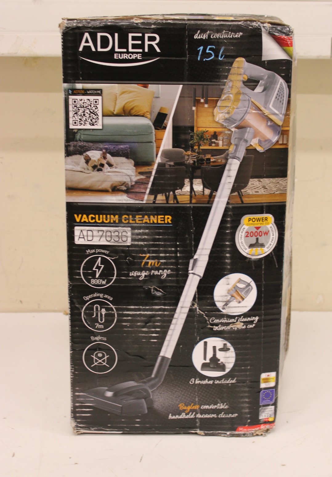 Pilt SALE OUT. | Adler | Vacuum Cleaner | AD 7036 | Corded operating | Handstick and Handheld | 800 W | - V | Operating radius 7 m | Yellow/Grey | Warranty 24 month(s) | DAMAGED PACKAGING