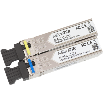 Pilt MikroTik Pair of SFP modules S-3553LC20D (S-35LC20D 1.25G SM 20km T1310nm/R1550nm + S-53LC20D 1.25G SM 20km T1550nm/R1310nm) | MikroTik | Maximum transfer distance 20000 m