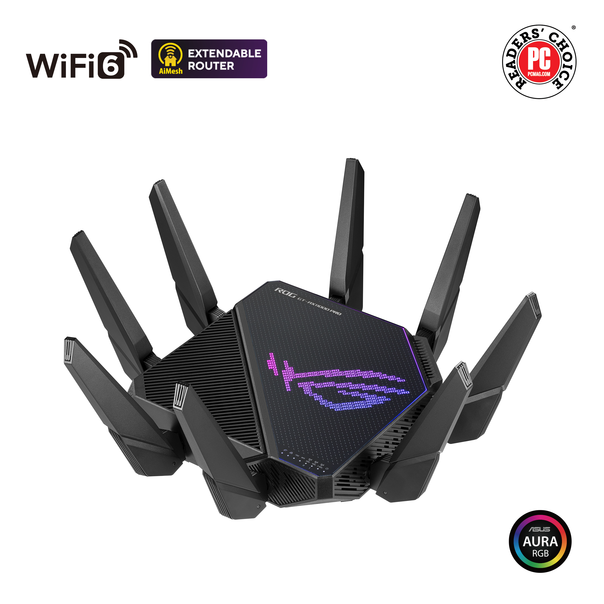 Pilt Tri-band Gigabit Wifi-6 Gaming Router | ROG Rapture GT-AX11000 PRO | 802.11ax | 480+1148 Mbit/s | 10/100/1000 Mbit/s | Ethernet LAN (RJ-45) ports 4 | Mesh Support Yes | MU-MiMO Yes | No mobile broadband | Antenna type 8xExternal