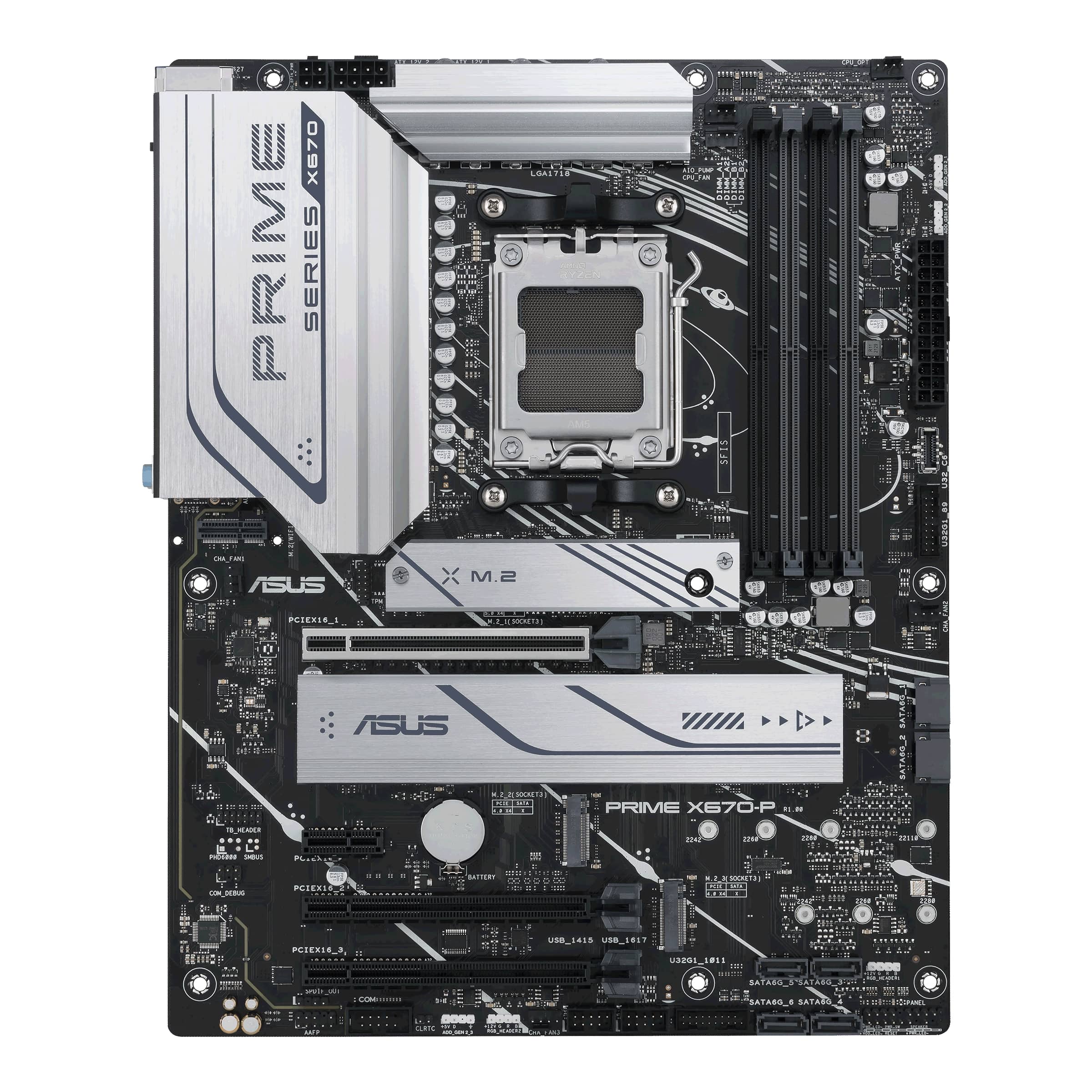 Pilt Asus | PRIME X670-P | Processor family AMD | Processor socket  AM5 | DDR5 DIMM | Memory slots 4 | Supported hard disk drive interfaces 	SATA, M.2 | Number of SATA connectors 6 | Chipset AMD X670 | ATX