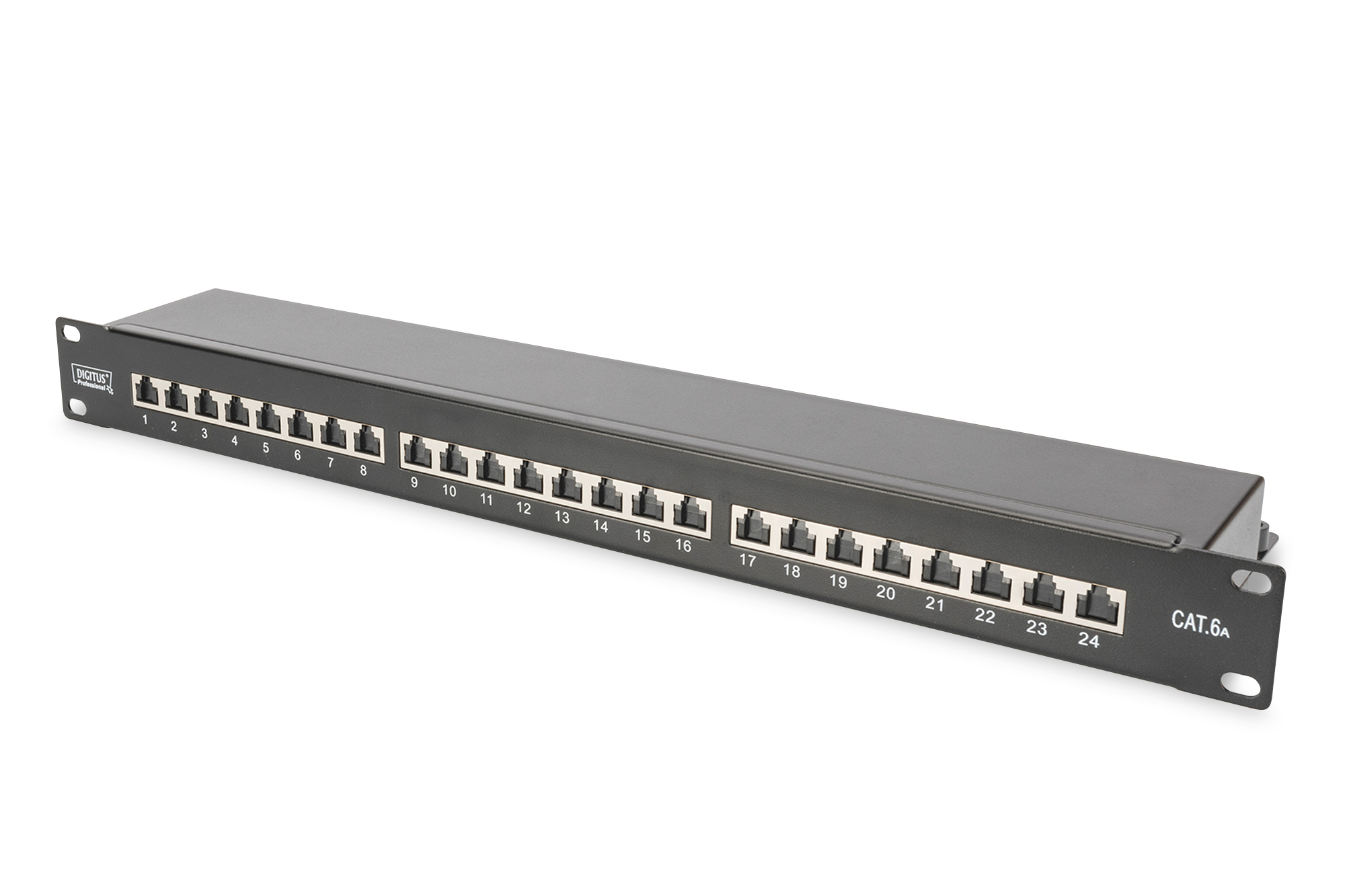 Pilt Digitus | Patch Panel | CAT 6A | RJ45, 8P8C | m | RJ45 shielding (Tinned bronze) | Suitable for 483 mm (19") cabinet mounting; Transmission properties: Category 6A, Class EA; Area of application: Up to 500 MHz, 10GBase-T; Size:482.6 x 44 x 109mm