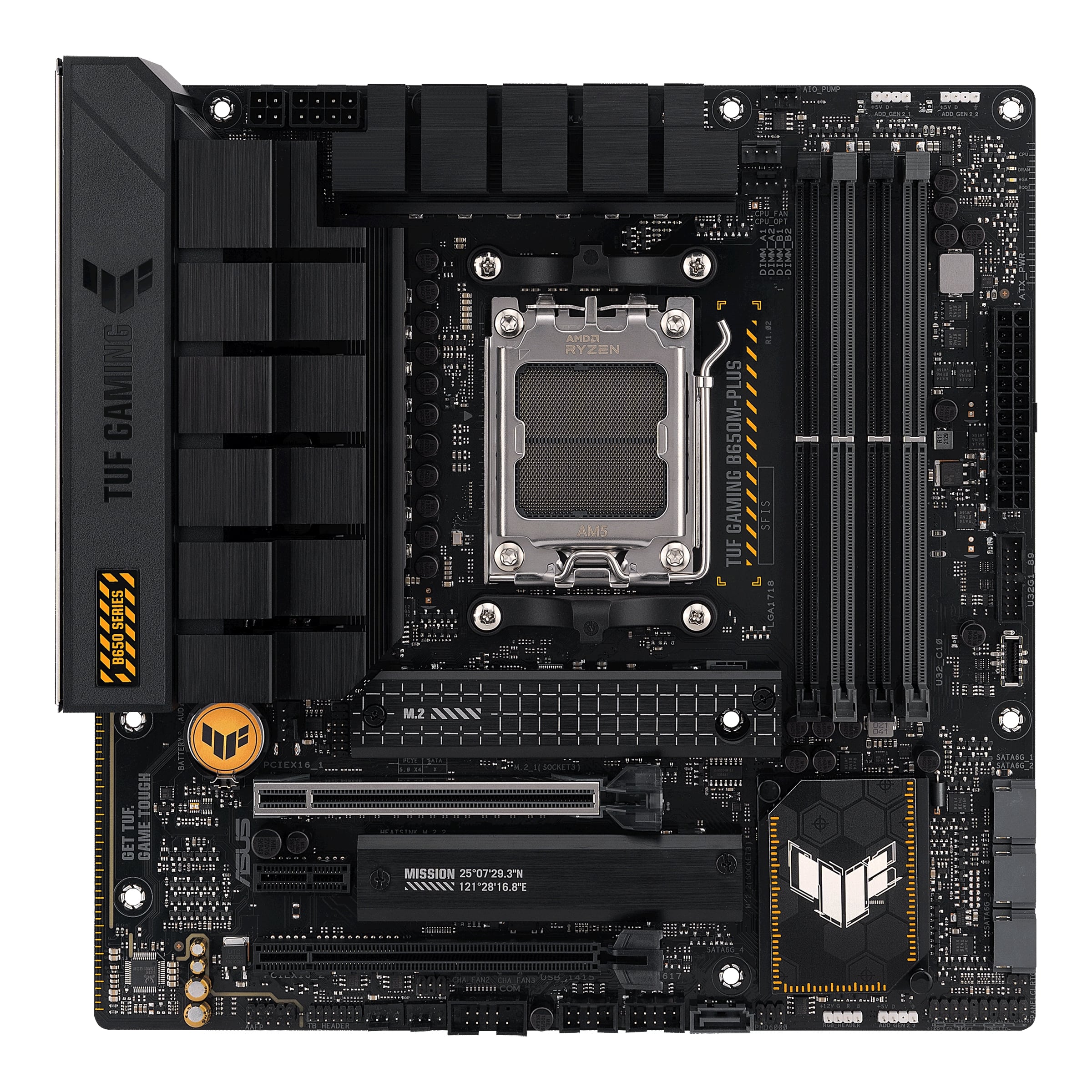 Pilt Asus | TUF GAMING B650M-PLUS | Processor family AMD | Processor socket  AM5 | DDR5 DIMM | Memory slots 4 | Supported hard disk drive interfaces 	SATA, M.2 | Number of SATA connectors 4 | Chipset AMD B650 | micro-ATX